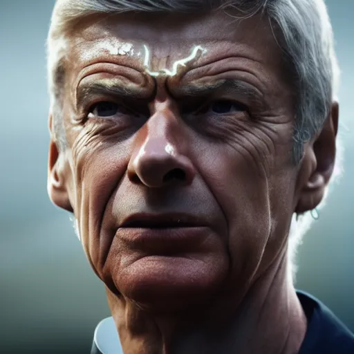 Image similar to arsene wenger as iron man, unmasked, movie still, cinematic, photorealistic, extreme detail, sharp focus, 8 k, rain, close up, anamorphic lens, lighting, dark