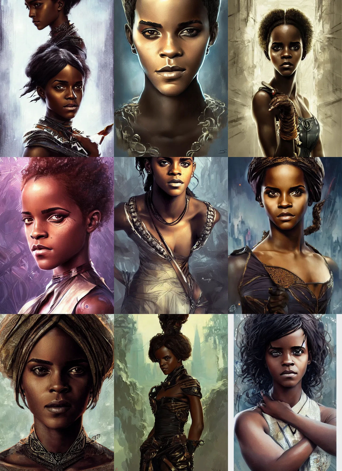 Prompt: black african emma watson, portrait, symmetric, intricate, highly detailed, concept art, sharp focus, illustration, aleksi briclot, rutkowski, mucha