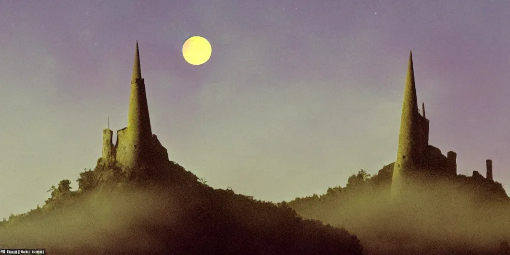 Image similar to a tall pointy castle atop a steep mountain, purple fog engulfs the ground below and a big yellow glowing crescent moon lingers above