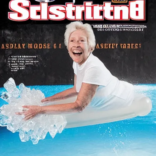 Image similar to sports illustrated photo, an elderly woman sliding wildly down an incredibly long ice luge on her back out of control at an incredibly high speed