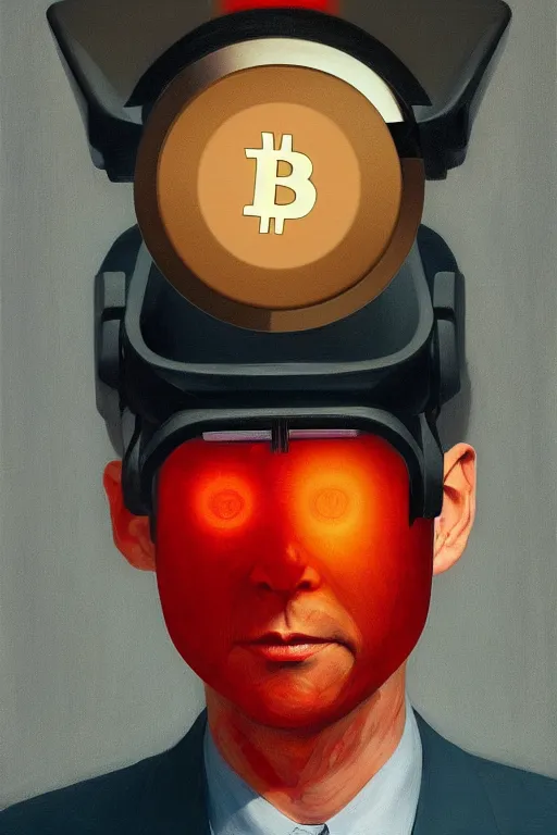 Image similar to satoshi nakamoto wearing oculus and bitcoin over his head edward hopper and james gilleard, zdzislaw beksisnski, higly detailed