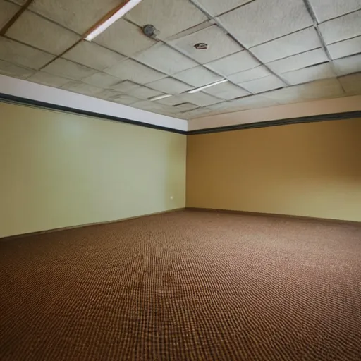 Prompt: a Polaroid photo of an ominous endless space of empty connecting rooms with vanilla colored wallpaper and brown carpet, no windows