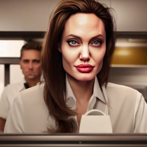 Prompt: Angelina Jolie working as a McDonalds cashier, macro, wide shot, dramatic, octane render, hyperrealistic, HD