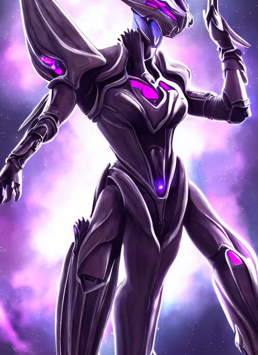 Image similar to cinematic close shot, galactic sized proportional stunning beautiful hot female warframe, sleek mecha goddess dragon head, metal ears, led purple eyes, smooth fuschia skin, smooth silver armor, floating in space, holding a galaxy, epic proportions, epic size, epic detail, furry art, dragon art, giantess art, warframe fanart, furaffinity, octane