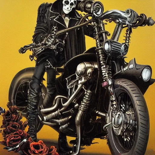 Image similar to a portrait of the grim reaper as a punk rocker, punk, skeleton face, mohawk, dark, fantasy, leather jackets, spiked collars, spiked wristbands, piercings, boots, guitars, motorcycles, ultrafine detailed painting by frank frazetta and vito acconci and will eisner, detailed painting