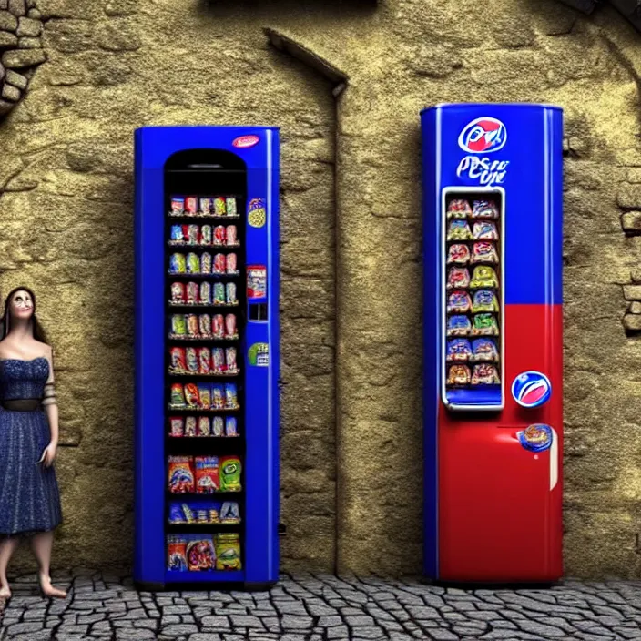 Image similar to pepsi vending machine outside a medieval house in a fantasy village. a woman is standing next to the vending machine. extremely high details, realistic, fantasy art, cinematic, octane render, masterpiece, artstation contest winner, art by johannen voss, frank frazetta