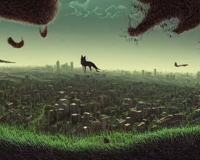 Prompt: a single coyote warns a single innocent black haired girl of quantum apocalyse. intricate, 8 k detail, animation cinematic, anime, matte sharp painting, pastoral backyard setting, city view in the distance, ultrafine hyperdetailed illustration, pop art, gary baseman, dan mumford, pedro correa, jon macnair, taras susak