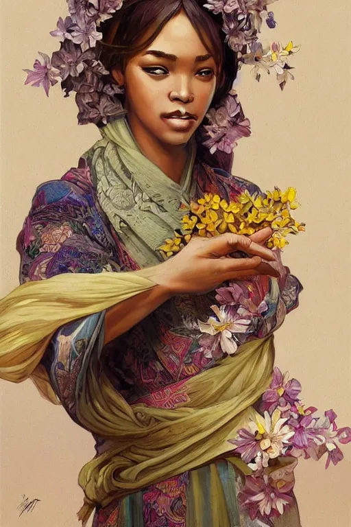 Prompt: ultra realistic illustration, beautiful swahili womanwith flowers blossoming from hijab, wearing kimono, elegant, highly detailed, digital painting, concept art, smooth, sharp focus, illustration, art by artgerm and greg rutkowski and alphonse mucha