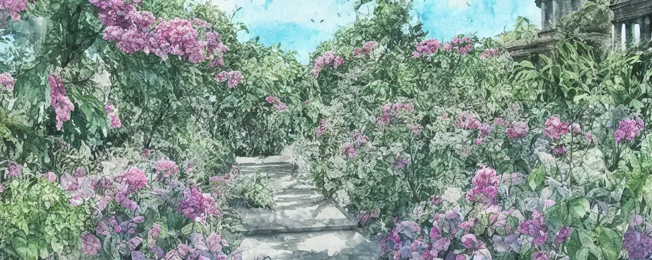 Prompt: delicate marble in a botanic garden, stony, puffy clouds, botanical herbarium paper, watercolor colored painting and pencil, iridescent colors, 8 k, realistic shaded, fine details, artstation, italian, colonnade, vines, flowers, gardena architecture, pompeii