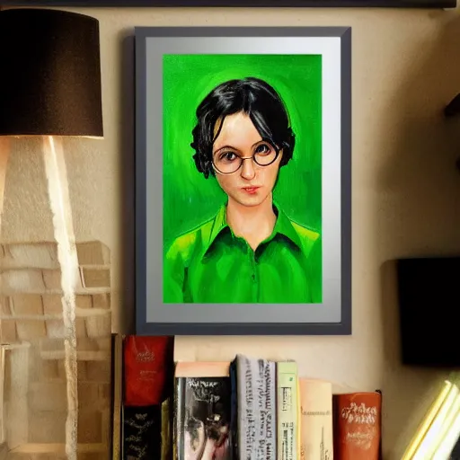 Prompt: a cute girl with curly black hair wears a green shirt, she wears harry potter glasses, oil painting
