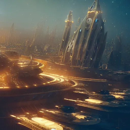 Prompt: a golden fantasy sci fi luxurious city with cerulean oceansides and a starry sky at nighttime, scandinavian / norse influenced, cinematic, ray traced, octane render, cinematic lighting, ultrarealistic, featured on artstation, 8 k uhd artwork