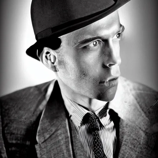 Image similar to A photograph portrait of Jerma985 wearing a suit with and fedora in the 1940s, taken in the early 1940s, grainy, taken on a 940s Kodak Camera, realistic, hyperrealistic, very realistic, highly detailed, very detailed, extremely detailed, detailed, digital art, trending on artstation