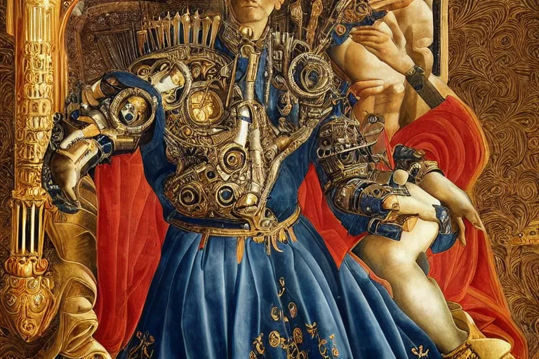 Image similar to beautifully painted mural portrait of a cyborg king in ornate royal garments sitting in his royal throne room, piercing glowing eyes, intricate, elegant, incredible lighting, sci fi scenery, fantasy setting, vogue cover poses, mural in the style of sandro botticelli, caravaggio, albrecth durer