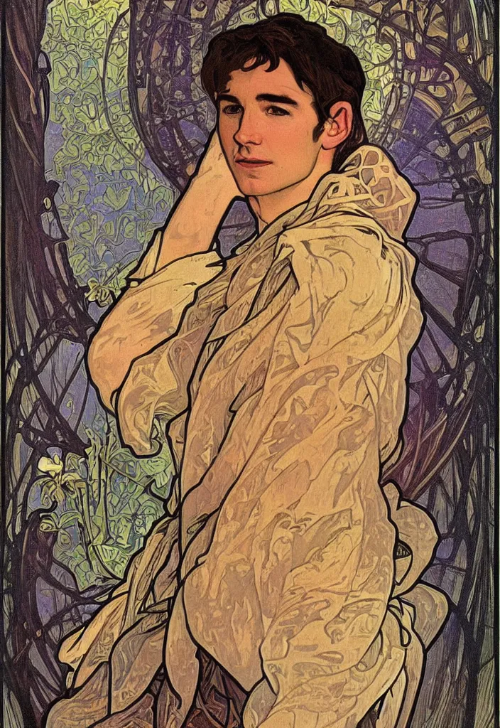 Image similar to realistic ian goodfellow on a tarot card, tarot in art style by alphonse mucha