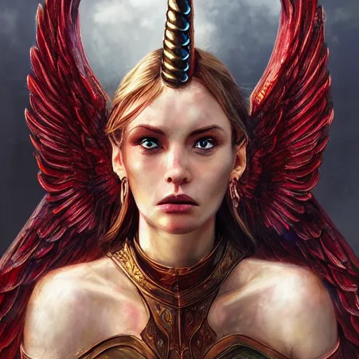 Image similar to woman - unicorn hybrid red angel - wings, stunning, thick armor that covers everything, shocked very wide open eyes very open eyes, realistic, symmetric portrait, face, intricate, very detailed, fantasy digital art, trending in artstation, marc simonetti