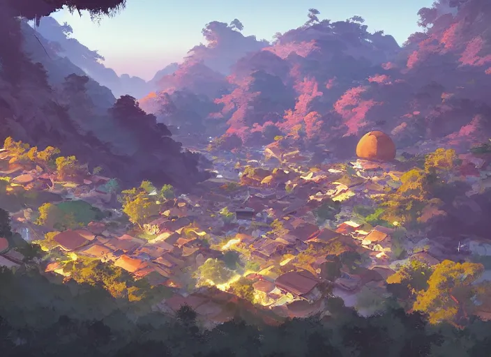 Prompt: concept art painting of a european japanese village in a valley seen from above, early morning, cel shaded, by makoto shinkai and moebius and anton fadeev and james gurney