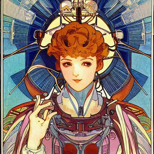 Prompt: anime manga angelic winged gundam robot astronaut portrait by Alphonse Mucha art nuevou