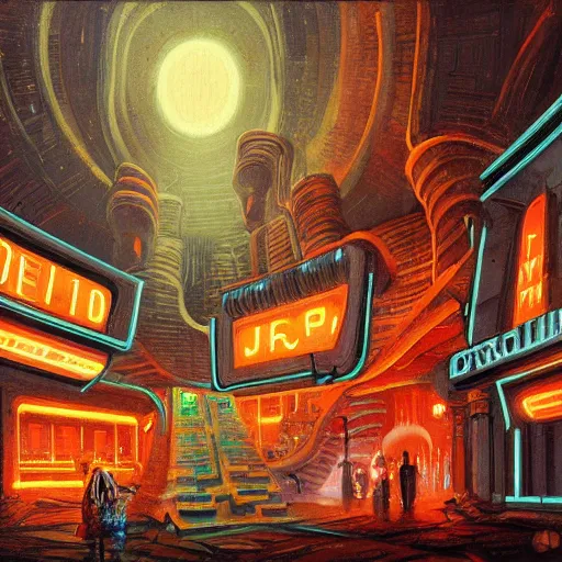 Image similar to painting of a scifi ancient civilzation victorian, brutalist architecture, neon signs