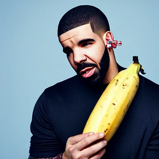 Image similar to a photograph of drake holding a banana up to his ear