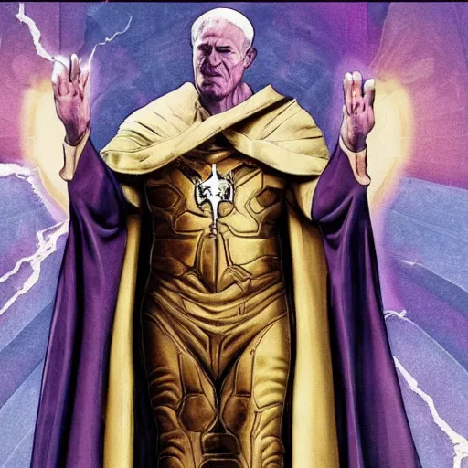 Image similar to thanos is the pope, purple skin, josh brolin, clerical clothes, full body shot, realistic, highly detailed