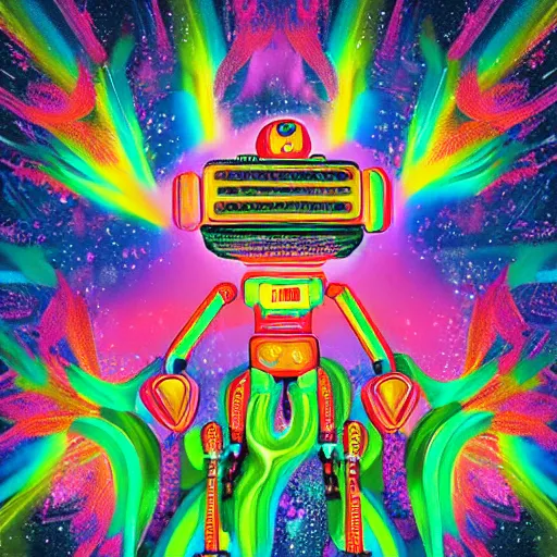 Image similar to a dramatically lit brightly colored detailed painting of a robot with flowers growing out of its head with a rainbow background, digital art