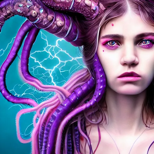 Image similar to detailed photo portrait of a furious teen girl with thin, hair-like purple tentacles on her head and bright purple eyes, 8k,by tristan eaton, Stanley Artgermm,Tom Bagshaw,Greg Rutkowski,Carne Griffiths,trending on DeviantArt, face enhance,hyper detailed ,full of colour, dramatic lightning