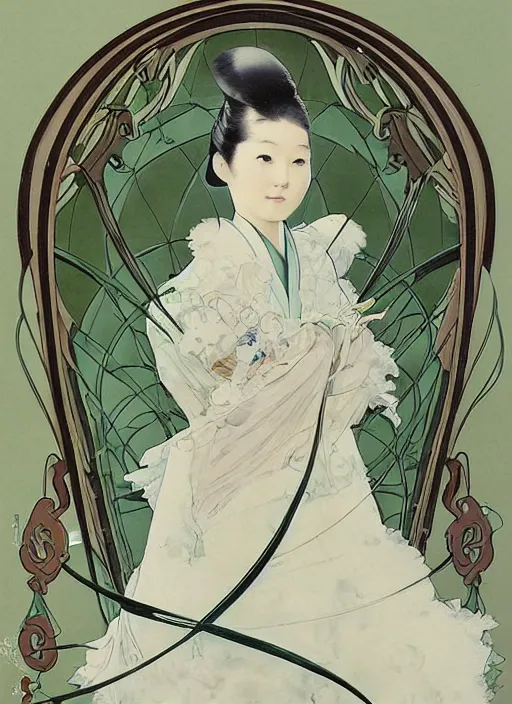 Prompt: a copic maker art nouveau portrait of a japanese girl detailed features wearing a puffy futuristic weeding dress designed by balenciaga by john berkey, norman rockwell akihiko yoshida