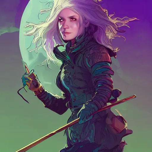 Prompt: a white-haired witch holding a gnarled staff, glowing iridescent accents, digital apex legends illustration portrait, gorgeous lighting, wide angle action dynamic portrait, art by Josan Gonzalez, blue and gold palette, high contrast