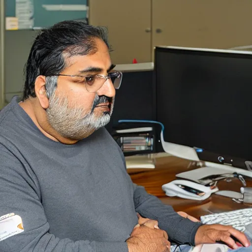 Image similar to fat Inderjit Gill sitting at a computer looking lost, photograph, high quality