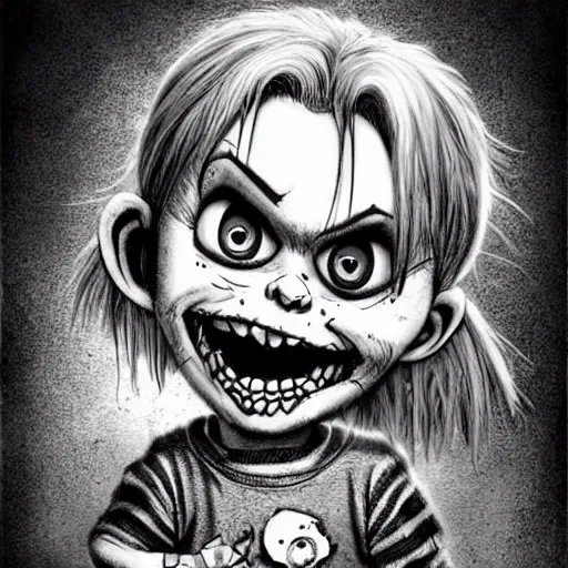 Image similar to grunge cartoon drawing of a cute chucky by - michael karcz , in the style of corpse bride, loony toons style, horror themed, detailed, elegant, intricate