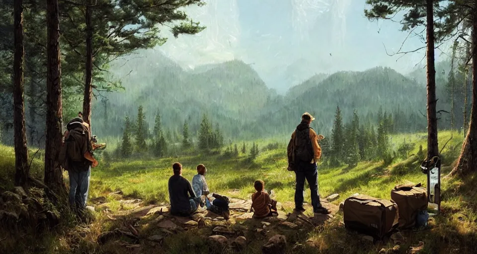 Image similar to cabela's beautiful comfortable carbon framed, modular insulated wall portable container home kit - house all weather family dwelling tent house, person in foreground, mountainous forested wilderness open fields, beautiful views, painterly concept art, environmental concept art, concept art illustration, by james gurney, by craig mullins, by greg rutkowski trending on artstation