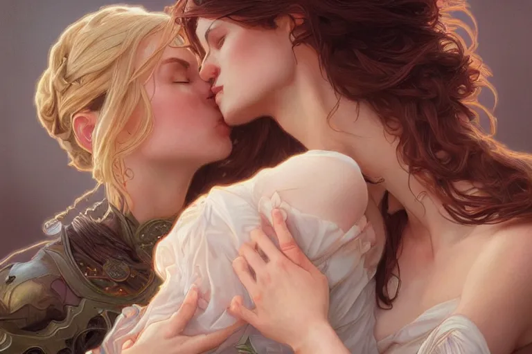 Image similar to Ultra realistic illustration, two women kissing a, intricate, elegant, highly detailed, digital painting, artstation, concept art, smooth, sharp focus, illustration, art by artgerm and greg rutkowski and alphonse mucha
