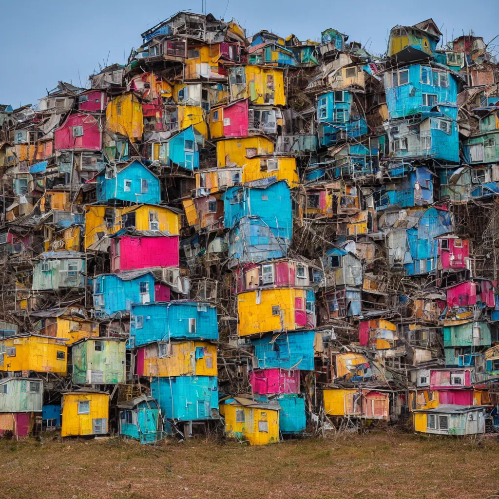 Prompt: a tower made up of colourful makeshift squatter shacks, dystopia, sony a 7 r 3, f 1 1, fully frontal view, photographed by jeanette hagglund