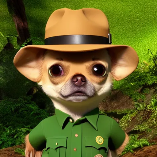 Image similar to park ranger chihuahua, 3 d model, tan and green uniform, tan fedora, brown and white fur, green and tan atv, 3 d model, cartoony, pixar style, artstation, unreal engine, in the rainforest, 4 k, ultra quality