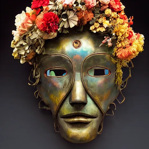 Image similar to a sculpture of a robot wearing a mask made of flowers, by annie swynnerton and diego rivera, symbolist, dramatic lighting, elaborate geometric ornament, art brut, soft cool colors, smooth, sharp focus, extremely detailed, adolf wolfli and dan munford