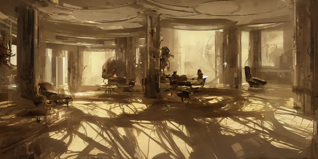 Image similar to futuristic luxury apartment interior, intricate, elegant, highly detailed, john park, craig mullins, sparth, ruan jia, jeffrey catherine jones