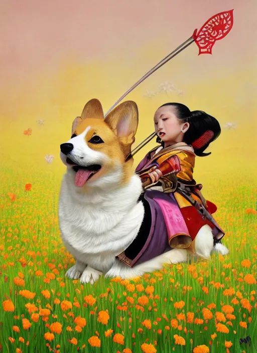 Prompt: beautiful fantasy painting of a Corgi Samurai in sakura field, by Afarin Sajedi, Alessandro Barbucci, Alex Gross, WLOP, Shohei Otomo, Josan Gonzalez, Kieron Gillen. trending on Artstation, 8k, masterpiece, face enhance, graffiti paint, fine detail, full of color, intricate detail, golden ratio illustration