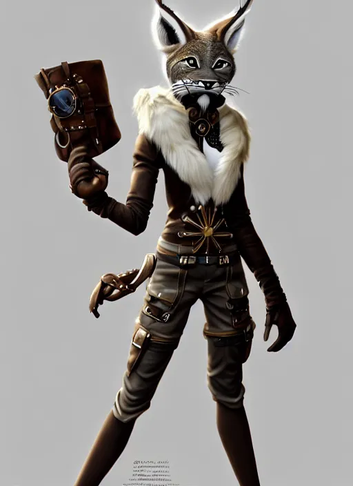 Image similar to wide angle beautiful full body portrait of a strong female anthropomorphic anthro lynx fursona wearing a steampunk leather shorts. from behind, character design by disney, anime, manga, charlie bowater, ross tran, artgerm, and makoto shinkai, detailed, soft lighting, rendered in octane, white fur, white face, lynx facial features