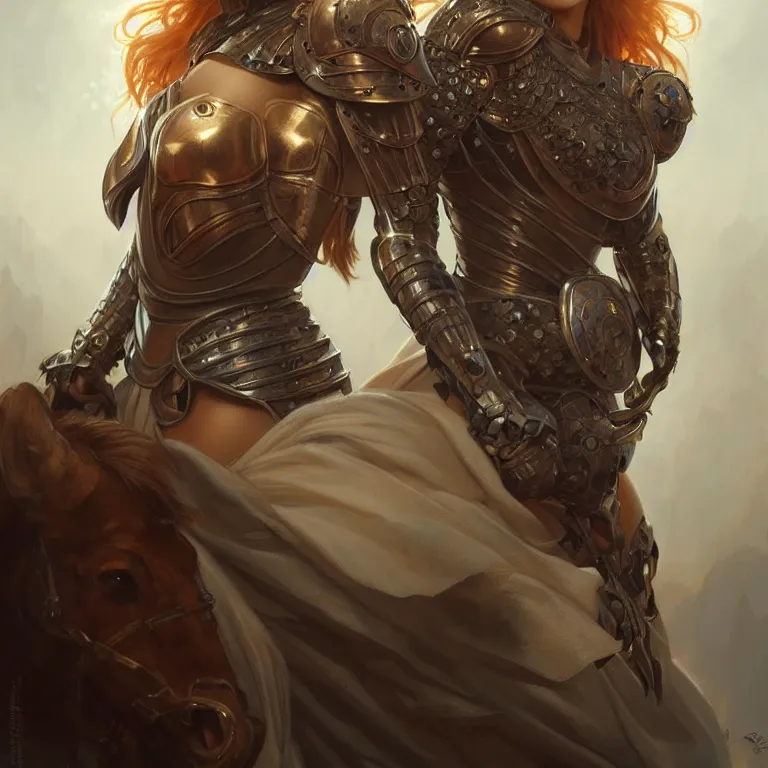 Prompt: Muscular and powerful medieval knight woman portrait, sci-fi, amber eyes, face, long hair, fantasy, intricate, elegant, highly detailed, digital painting, artstation, concept art, smooth, sharp focus, illustration, art by artgerm and greg rutkowski and alphonse mucha