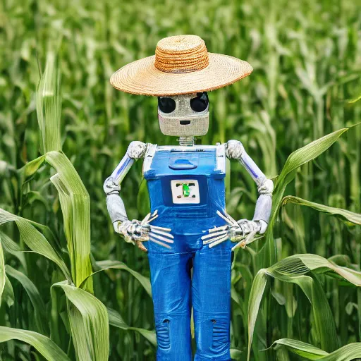 Image similar to a photo of farming robot wearing a straw hat blue overalls in the corn field, robots, humanoid, chappie, farming, photorealistic, 8 k