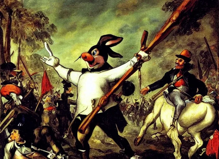 Image similar to romanticism painting of big chungus bugs bunny during the french revolution, by eugene delacroix