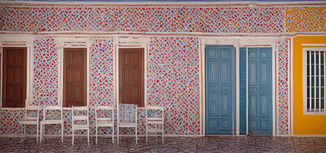 Prompt: colonial house in greece with multicolored portuguese tiles. photographed by wes anderson. fujinon premista 1 9 - 4 5 mm t 2. 9. portra 8 0 0.