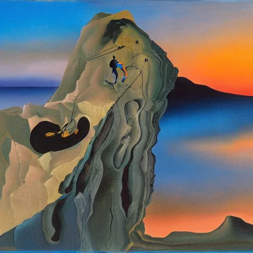 Prompt: An abstract oil painting of rock climbing by Salvador Dali, sunrise, scenic