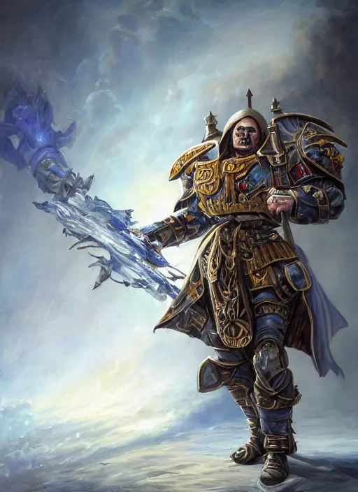 Image similar to John TotalBiscuit Bain dressed as a Warhammer 40k paladin, by Ivan Aivakovsky, by Boris Vallejo, epic fantasy character art, D&D Concept Art, full length, Realistic, Regal, Refined, Detailed Digital Art, Oil Paining, Exquisite detail, post-processing, masterpiece, Cinematic Lighting, Unreal Engine, 8k, HD