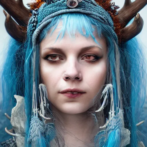 Image similar to A young female shaman, blue hair and antlers on her head. blindfolded, heilung, in the style of Heather Theurer, headshot photoshoot, insanely detailed and intricate, beautiful, elegant, cinematic toplight, portrait, headroom, artstation, karol bak
