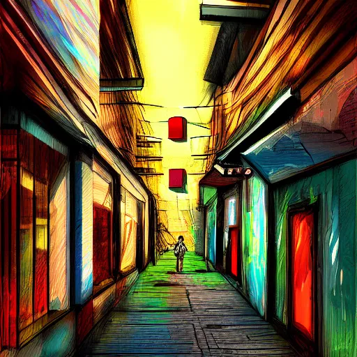 Image similar to Happiness in a dark city alley, digital art