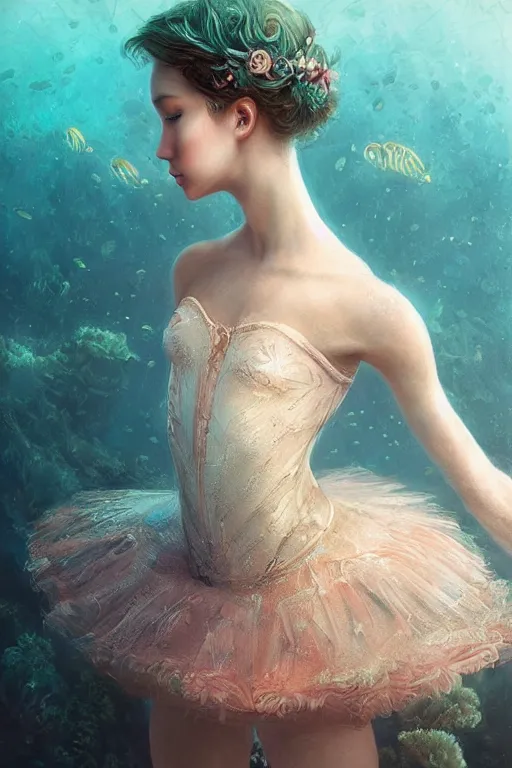 Image similar to stunningly beautiful, ballerina at the bottom of the great barrier reef, smooth, focus, highly detailed, hyper realistic, dramatic lighting, intricate, concept art, art by wlop