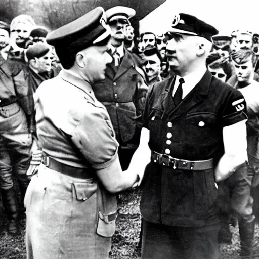 Prompt: Hitler and Giorgia Meloni hand shaking realistic
