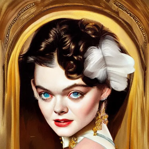 Prompt: professional painting of Elle Fanning in the style of Rolf Armstrong, head and shoulders portrait, symmetrical facial features, smooth, sharp focus, illustration, intricate, stormy weather, extremely detailed masterpiece,