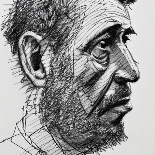 Image similar to a realistic yet scraggly portrait sketch of the side profile of a stern and sophisticated michael rosen, trending on artstation, intricate details, in the style of frank auerbach, in the style of sergio aragones, in the style of martin ansin, in the style of david aja, in the style of mattias adolfsson